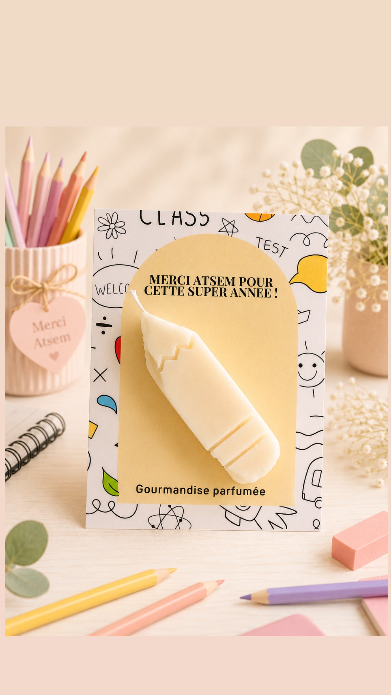 Bougie parfumée crayon – Cadeau atsem fin d’année jaune