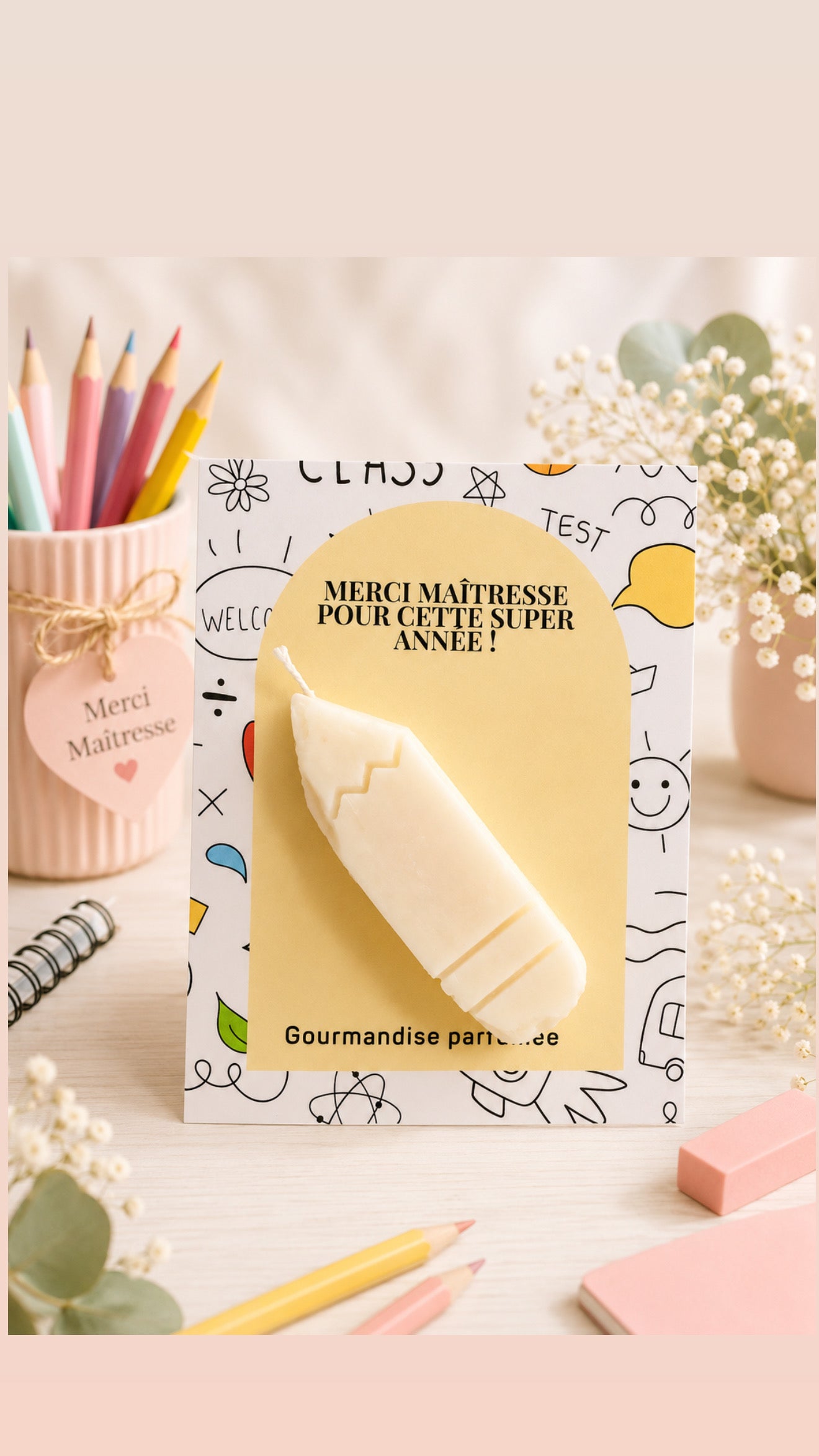 Bougie parfumée crayon – Cadeau maîtresse fin d’année jaune